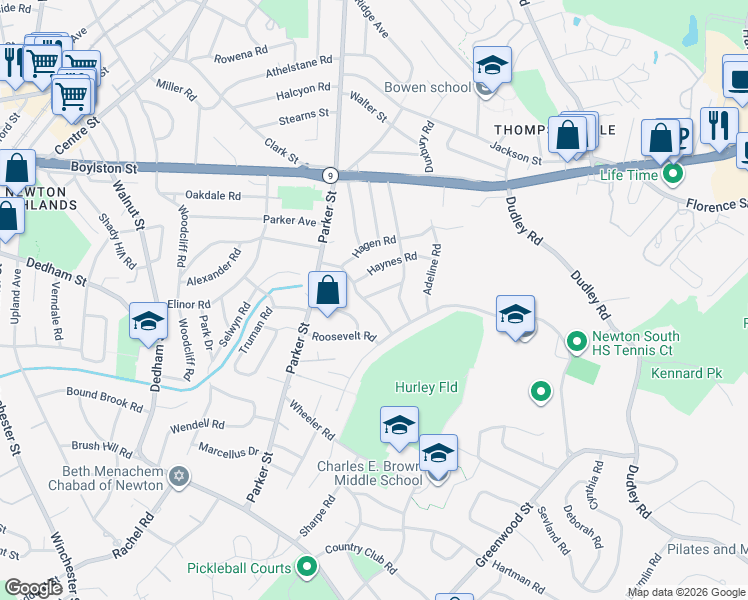 map of restaurants, bars, coffee shops, grocery stores, and more near 30 Nardone Road in Newton