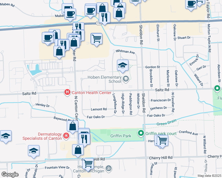 map of restaurants, bars, coffee shops, grocery stores, and more near 1309 Longfellow Drive in Canton