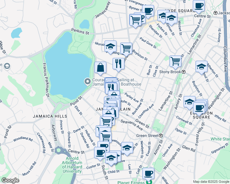 map of restaurants, bars, coffee shops, grocery stores, and more near 11 Parley Avenue in Boston