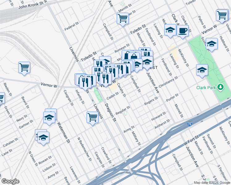 map of restaurants, bars, coffee shops, grocery stores, and more near 1710 Military Street in Detroit