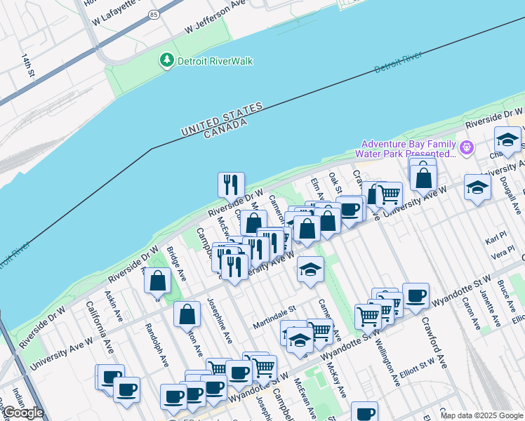 map of restaurants, bars, coffee shops, grocery stores, and more near 146 McKay Avenue in Windsor