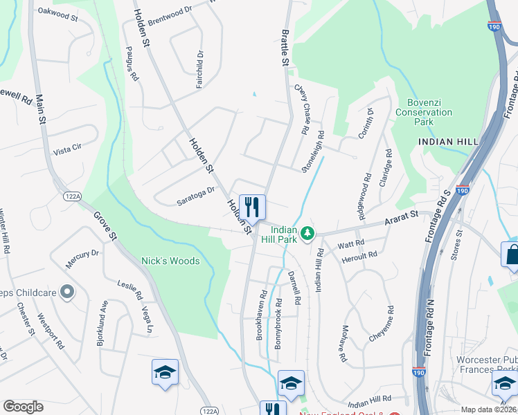 map of restaurants, bars, coffee shops, grocery stores, and more near 17 Brattle Street in Worcester