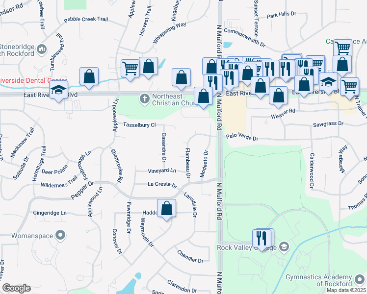 map of restaurants, bars, coffee shops, grocery stores, and more near 3714 Flambeau Drive in Rockford