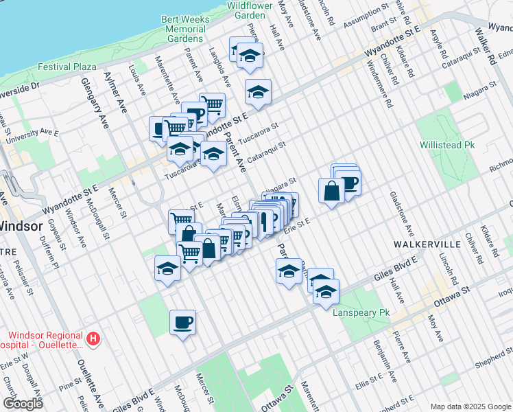map of restaurants, bars, coffee shops, grocery stores, and more near 915 Parent Avenue in Windsor