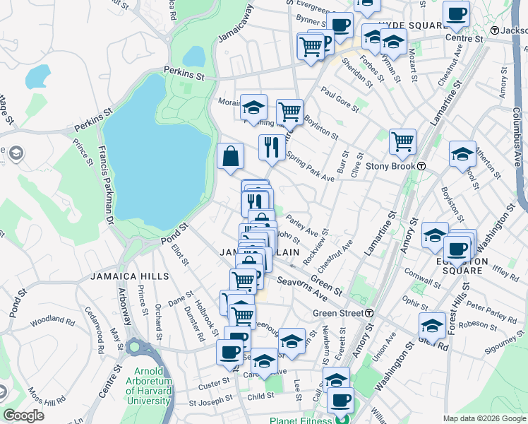 map of restaurants, bars, coffee shops, grocery stores, and more near 11 Parley Avenue in Boston