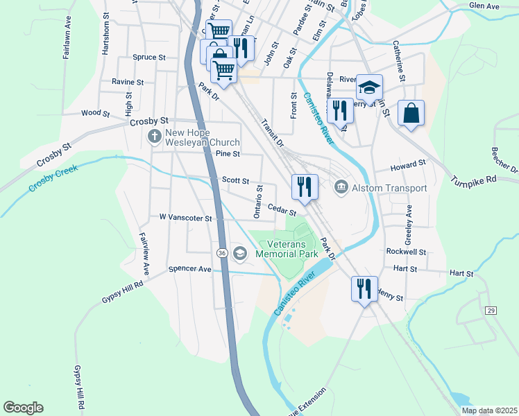map of restaurants, bars, coffee shops, grocery stores, and more near 73 Cedar Street in Hornell