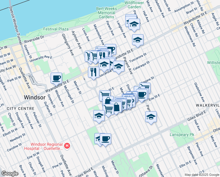 map of restaurants, bars, coffee shops, grocery stores, and more near 841 Louis Avenue in Windsor