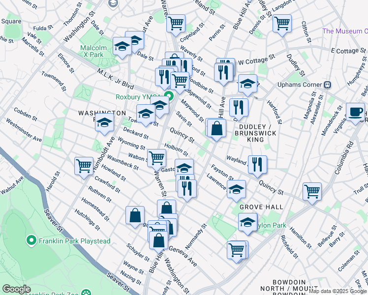 map of restaurants, bars, coffee shops, grocery stores, and more near 5 Holborn Park in Boston