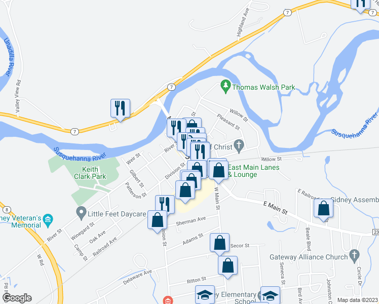 map of restaurants, bars, coffee shops, grocery stores, and more near 34 Main Street in Sidney