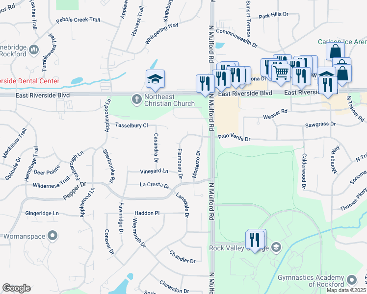 map of restaurants, bars, coffee shops, grocery stores, and more near 3714 Flambeau Drive in Rockford
