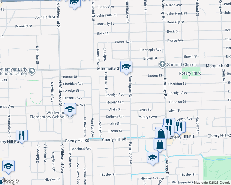 map of restaurants, bars, coffee shops, grocery stores, and more near 33544 Rosslyn Avenue in Garden City