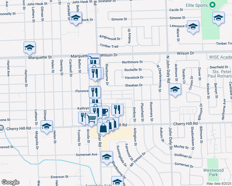 map of restaurants, bars, coffee shops, grocery stores, and more near 27206 Cranford Lane in Dearborn Heights