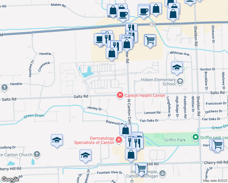 map of restaurants, bars, coffee shops, grocery stores, and more near 45550 Aragon Lane in Canton
