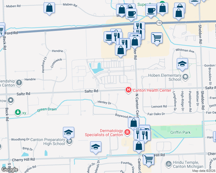 map of restaurants, bars, coffee shops, grocery stores, and more near 46089 Saltz Road in Canton