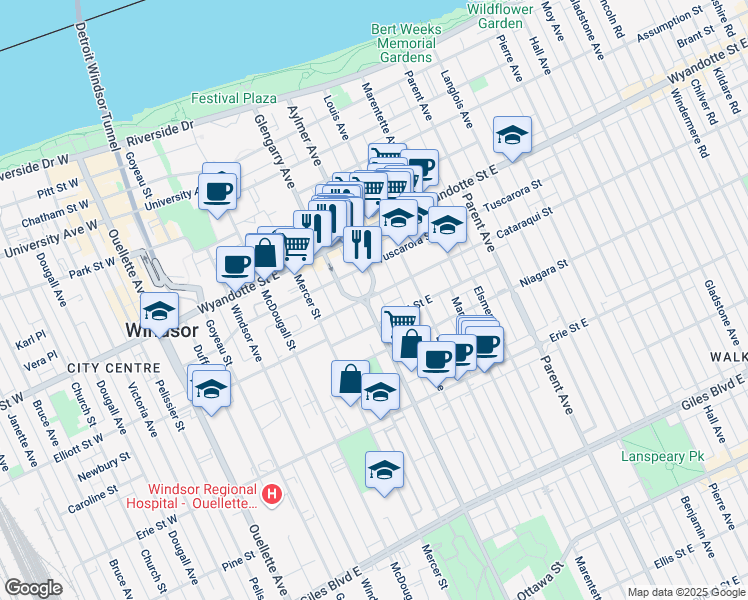 map of restaurants, bars, coffee shops, grocery stores, and more near in Windsor