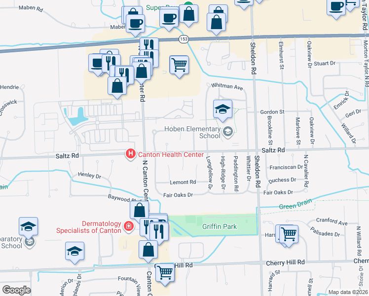 map of restaurants, bars, coffee shops, grocery stores, and more near 45036 Saltz Road in Canton