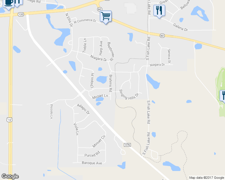 map of restaurants, bars, coffee shops, grocery stores, and more near 941 Brahms Road in Volo