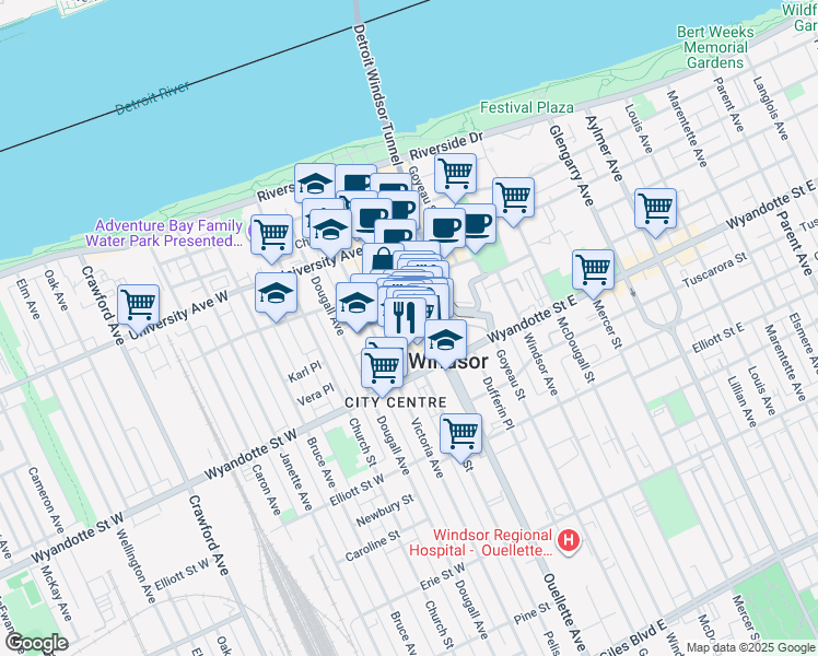 map of restaurants, bars, coffee shops, grocery stores, and more near 445 Ouellette Avenue in Windsor