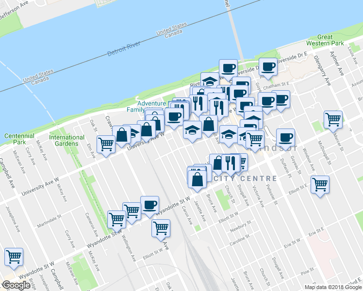 map of restaurants, bars, coffee shops, grocery stores, and more near 391 Bruce Avenue in Windsor