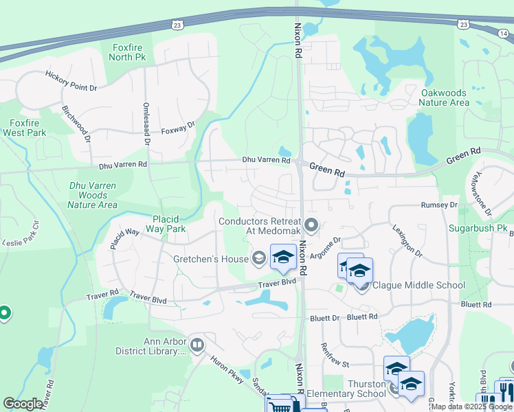 map of restaurants, bars, coffee shops, grocery stores, and more near 2935 Corston Road in Ann Arbor