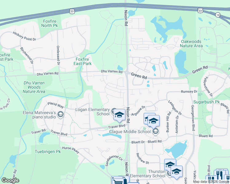 map of restaurants, bars, coffee shops, grocery stores, and more near 2718 Spurway Drive South in Ann Arbor