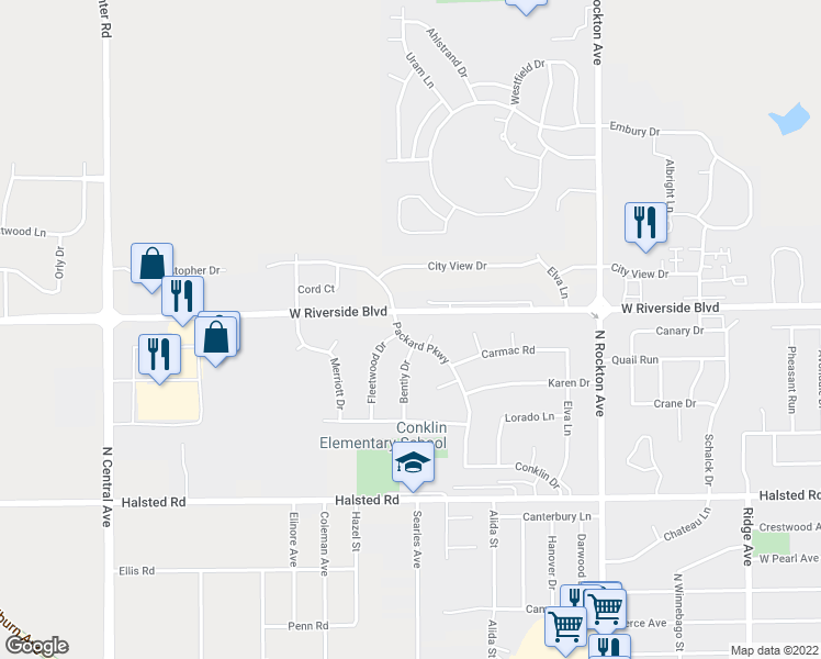 map of restaurants, bars, coffee shops, grocery stores, and more near 3809 Packard Parkway in Rockford