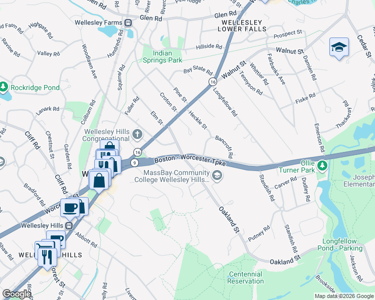 map of restaurants, bars, coffee shops, grocery stores, and more near 367 Worcester Street in Wellesley
