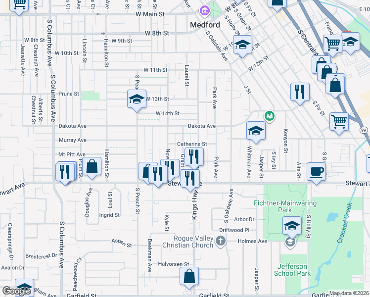 map of restaurants, bars, coffee shops, grocery stores, and more near 807 Grant Avenue in Medford