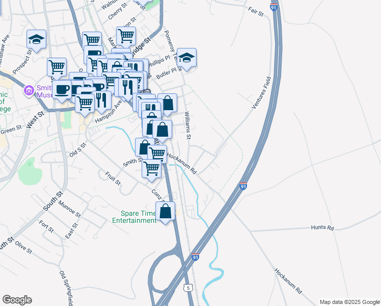 map of restaurants, bars, coffee shops, grocery stores, and more near 124 Williams Street in Northampton