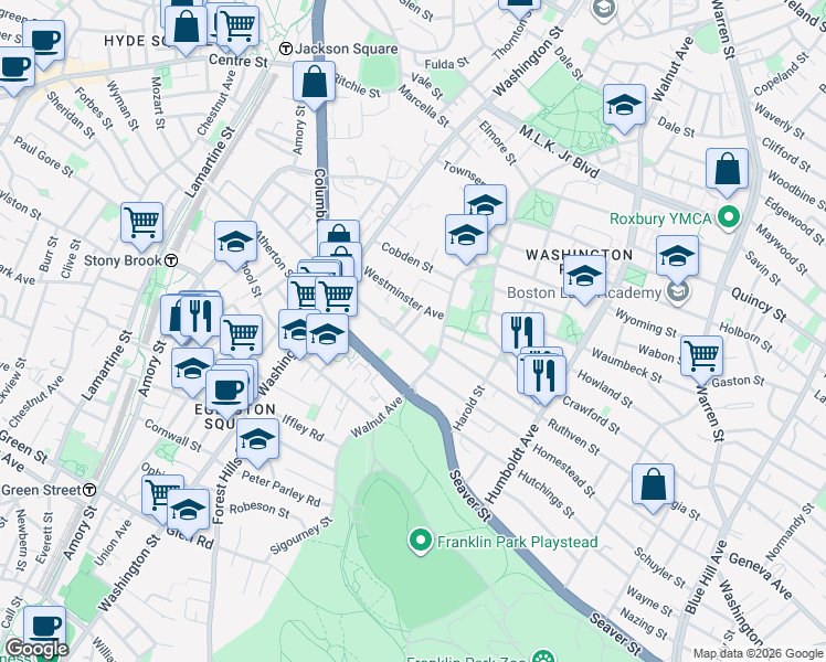 map of restaurants, bars, coffee shops, grocery stores, and more near 16 Wardman Road in Boston