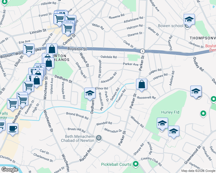 map of restaurants, bars, coffee shops, grocery stores, and more near 65 Elinor Road in Newton