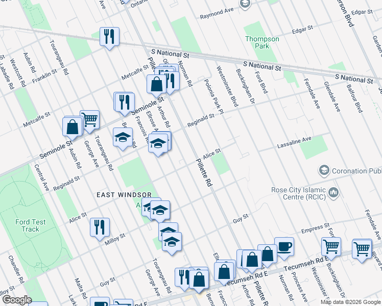 map of restaurants, bars, coffee shops, grocery stores, and more near 1670 Arthur Road in Windsor