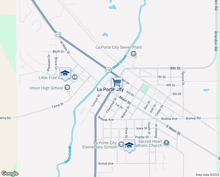 map of restaurants, bars, coffee shops, grocery stores, and more near 216 Main Street in La Porte City