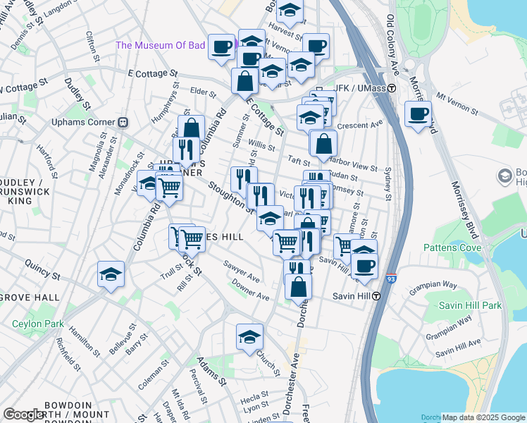 map of restaurants, bars, coffee shops, grocery stores, and more near 57 Pleasant Street in Boston