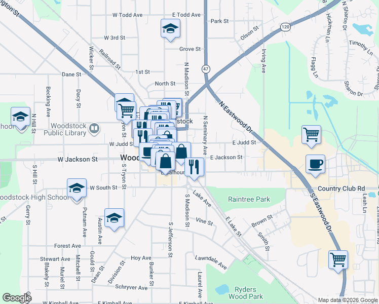 map of restaurants, bars, coffee shops, grocery stores, and more near 110 North Madison Street in Woodstock