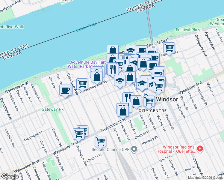 map of restaurants, bars, coffee shops, grocery stores, and more near 381 Bruce Avenue in Windsor