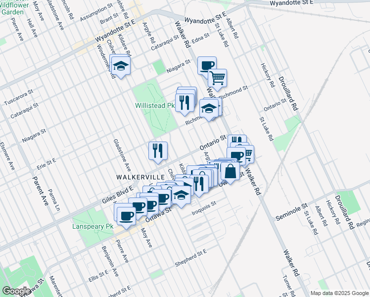 map of restaurants, bars, coffee shops, grocery stores, and more near 1177 Devonshire Road in Windsor