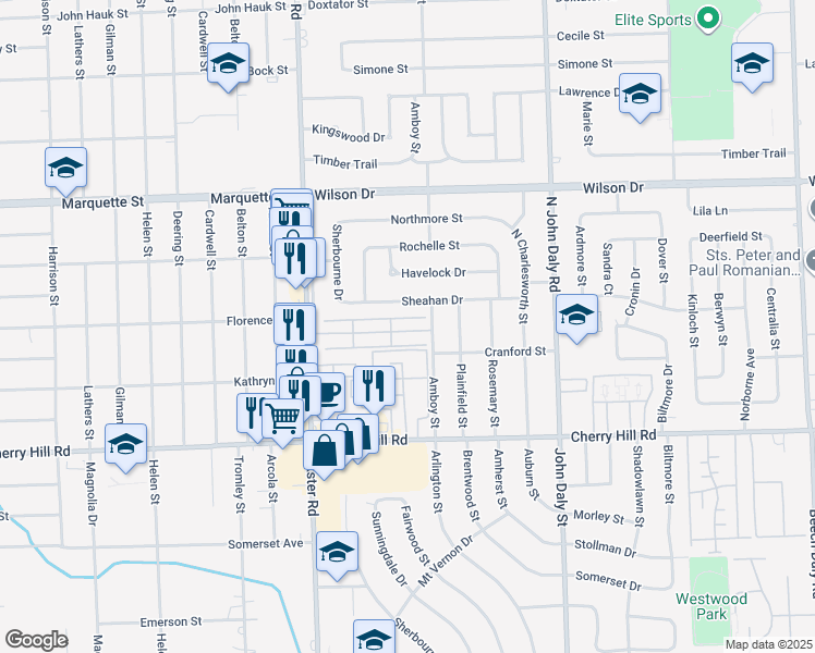 map of restaurants, bars, coffee shops, grocery stores, and more near 27104 Cranford Lane in Dearborn Heights