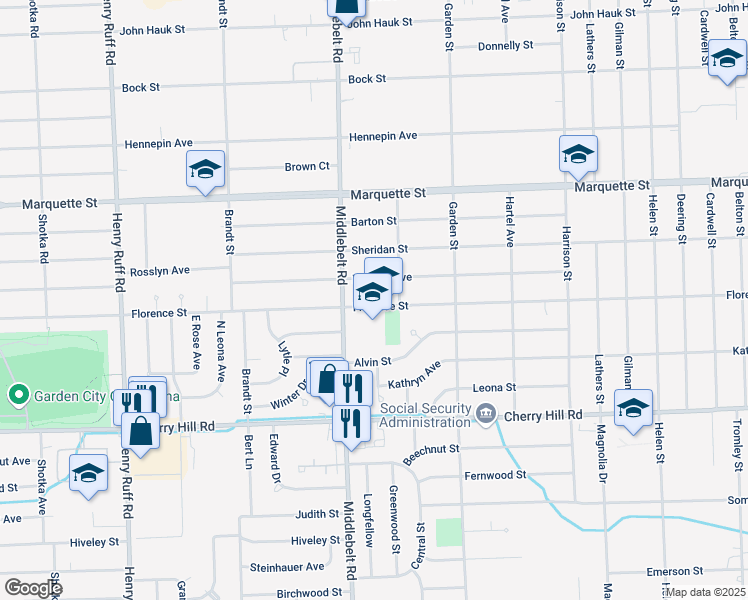 map of restaurants, bars, coffee shops, grocery stores, and more near 29186 Florence Street in Garden City