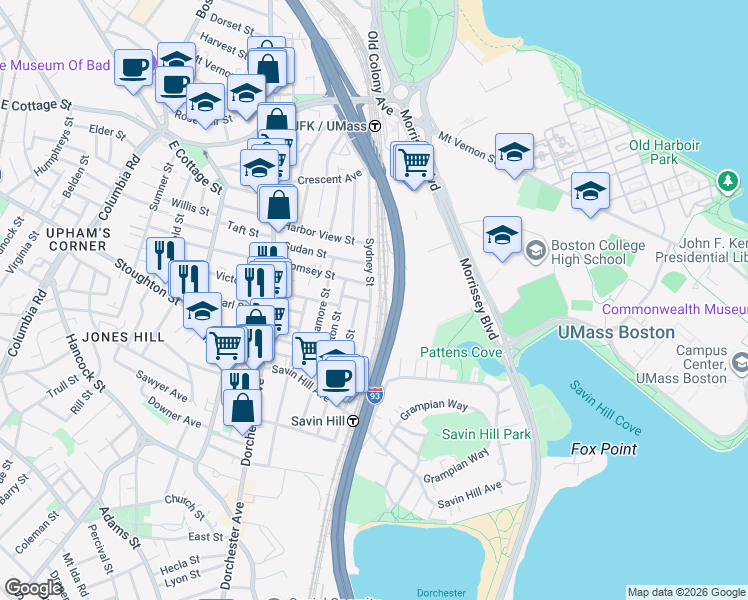 map of restaurants, bars, coffee shops, grocery stores, and more near 101 Sydney St in Dorchester
