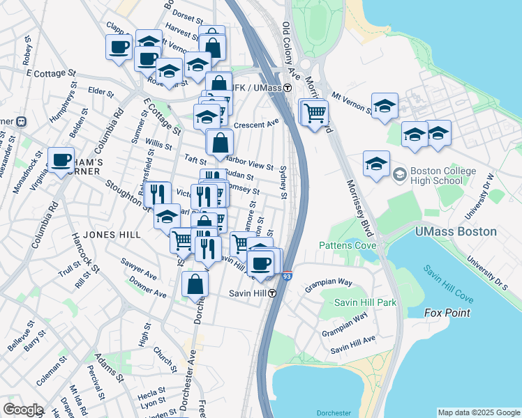map of restaurants, bars, coffee shops, grocery stores, and more near 79 Saxton Street in Boston