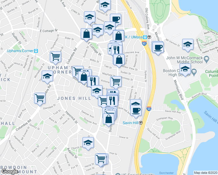 map of restaurants, bars, coffee shops, grocery stores, and more near 21 Pearl Street in Boston