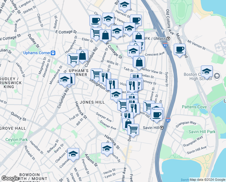 map of restaurants, bars, coffee shops, grocery stores, and more near 54 Pleasant Street in Boston