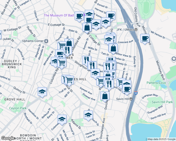 map of restaurants, bars, coffee shops, grocery stores, and more near 129 Stoughton Street in Boston