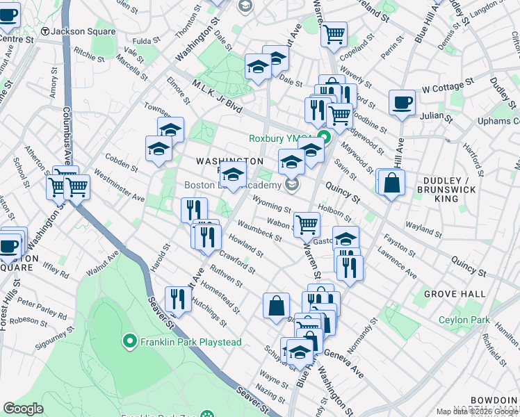 map of restaurants, bars, coffee shops, grocery stores, and more near 29 Wabon Street in Boston