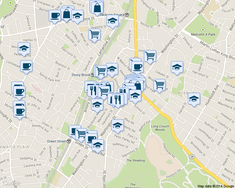 map of restaurants, bars, coffee shops, grocery stores, and more near 16 Dalrymple Street in Boston