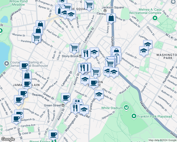 map of restaurants, bars, coffee shops, grocery stores, and more near 13 Bismarck Street in Boston
