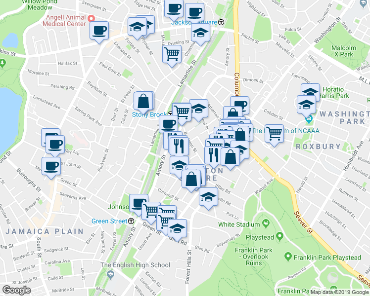 map of restaurants, bars, coffee shops, grocery stores, and more near 13 Bismarck Street in Boston