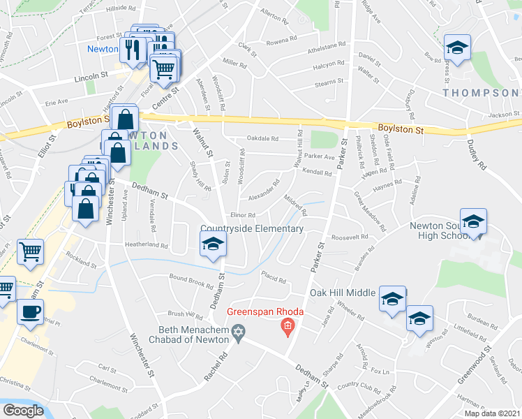 map of restaurants, bars, coffee shops, grocery stores, and more near 65 Elinor Road in Newton