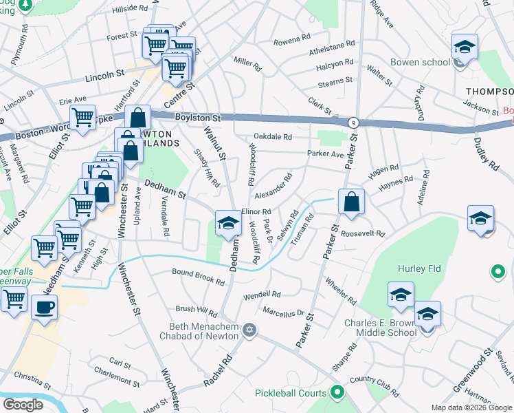 map of restaurants, bars, coffee shops, grocery stores, and more near 32 Elinor Road in Newton